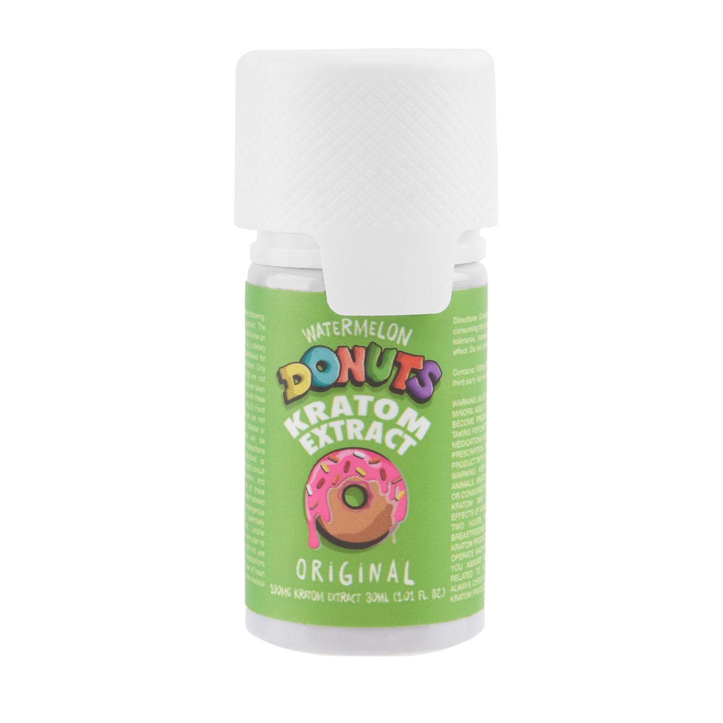 A single bottle of a Donuts Kratom Extract 100mg Shot in watermelon flavor