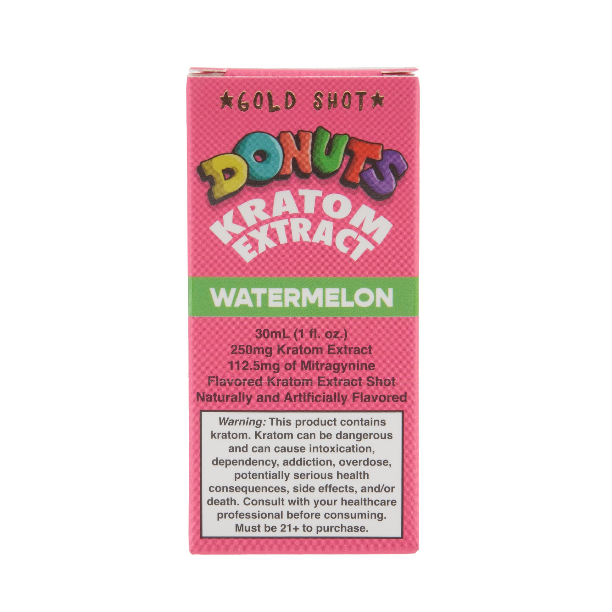 A single pink box for a watermelon Donuts Kratom Extract 250mg Gold Shot