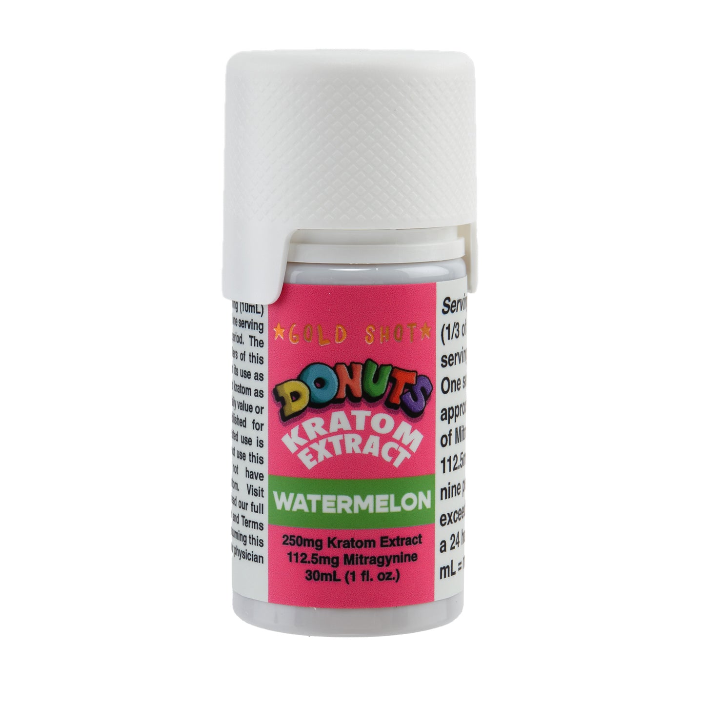 A single bottle of a Donuts Kratom Extract 250mg Gold Shot in watermelon flavor with a white lid