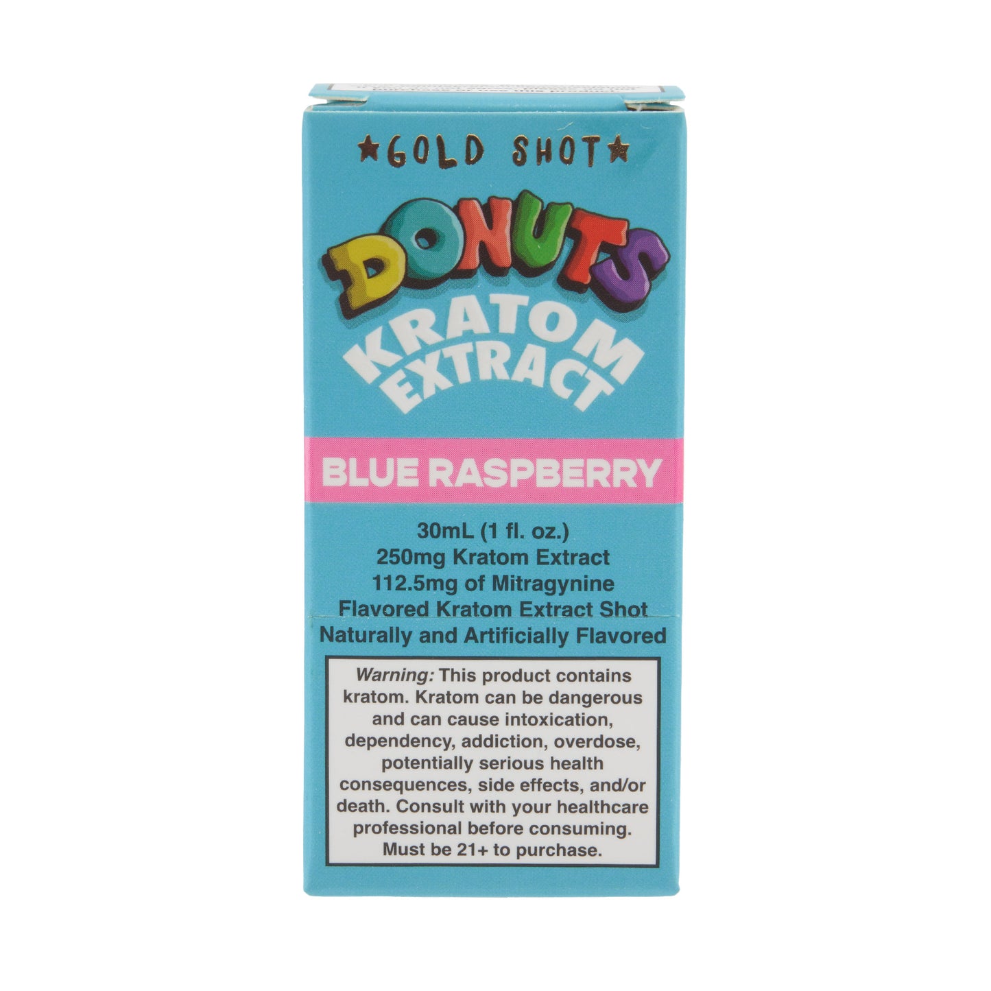 A single blue box for a blue raspberry Donuts Kratom Extract 250mg Gold Shot