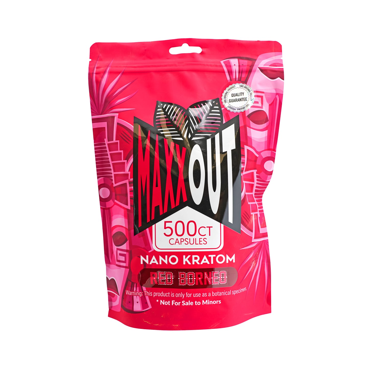 A red 500ct pouch of Red Borneo MaxxOut Kratom capsules 