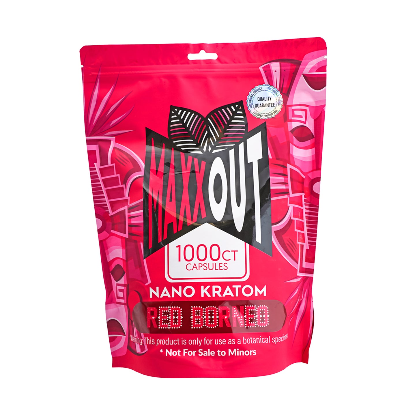 A red 1000ct pouch of Red Borneo MaxxOut Kratom capsules 