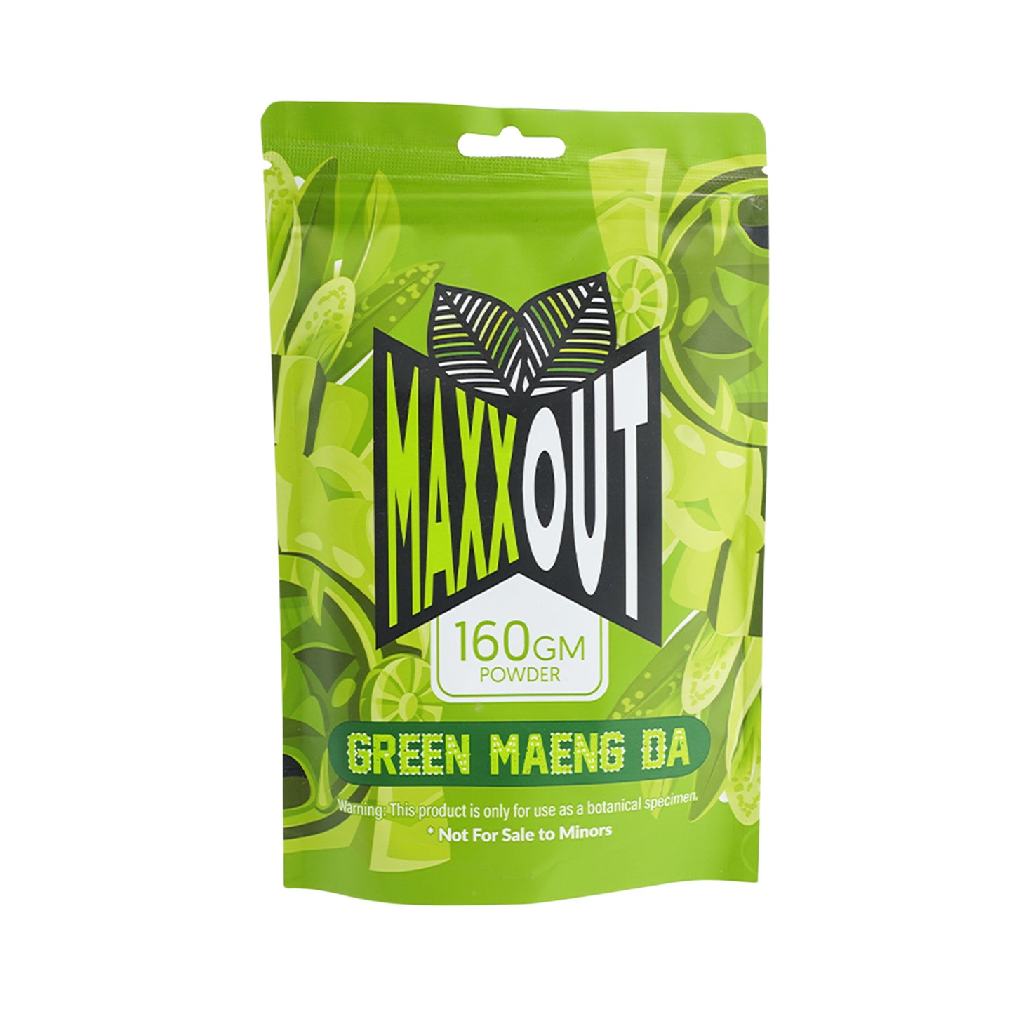 A green 160g pouch of Green Maeng Da MaxxOut Kratom powder