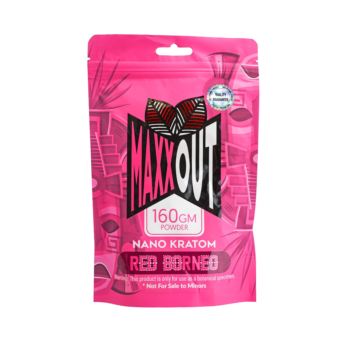 A pink 160g pouch of Red Borneo MaxxOut Kratom powder