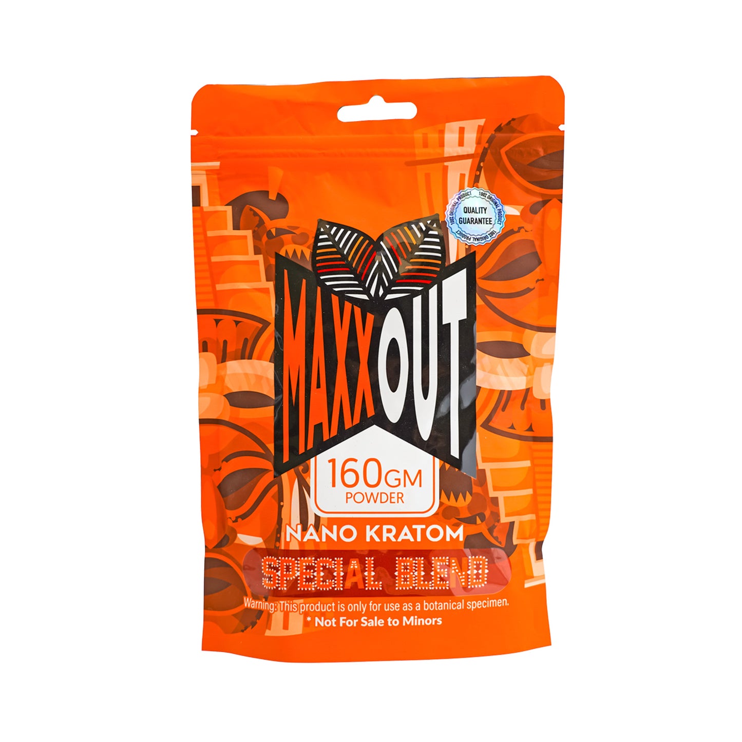 An orange 160g pouch of Special Blend MaxxOut Kratom powder