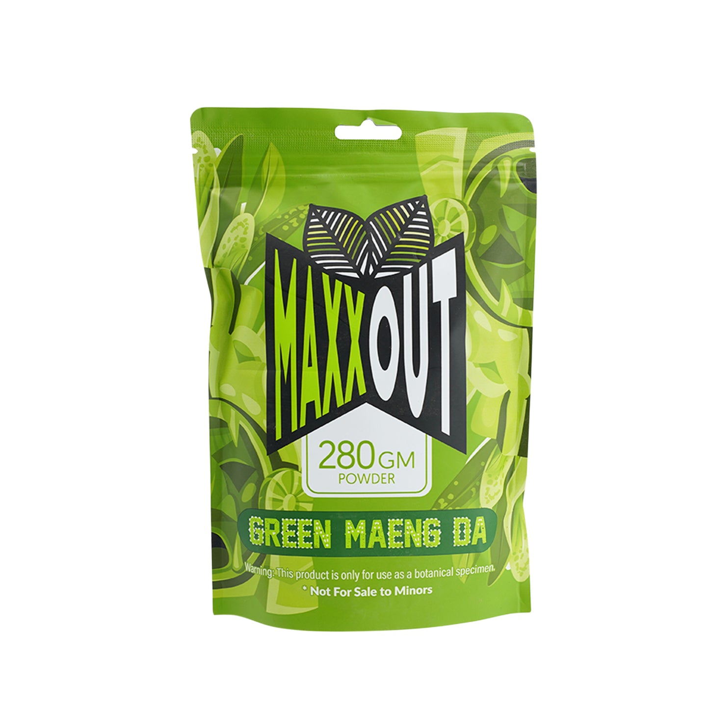 A green 280g pouch of Green Maeng Da MaxxOut Kratom powder