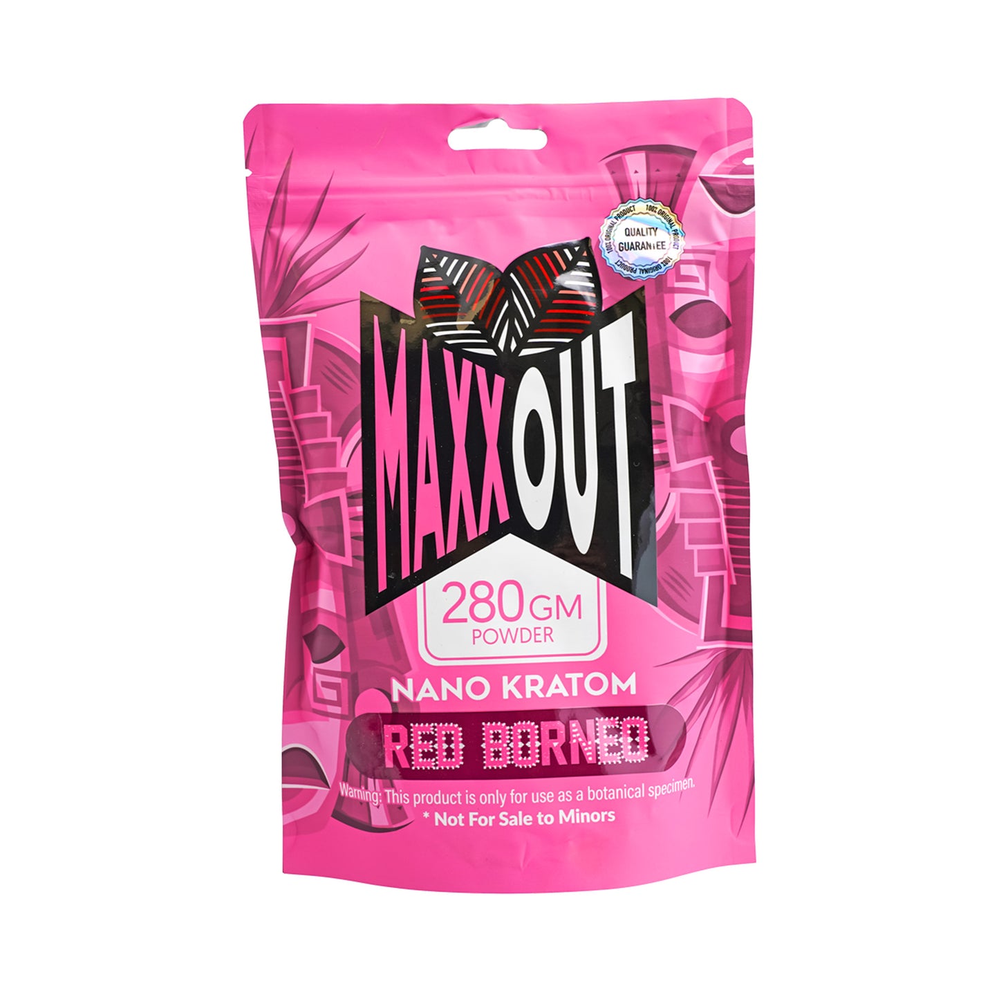 A pink 280g pouch of Red Borneo MaxxOut Kratom powder