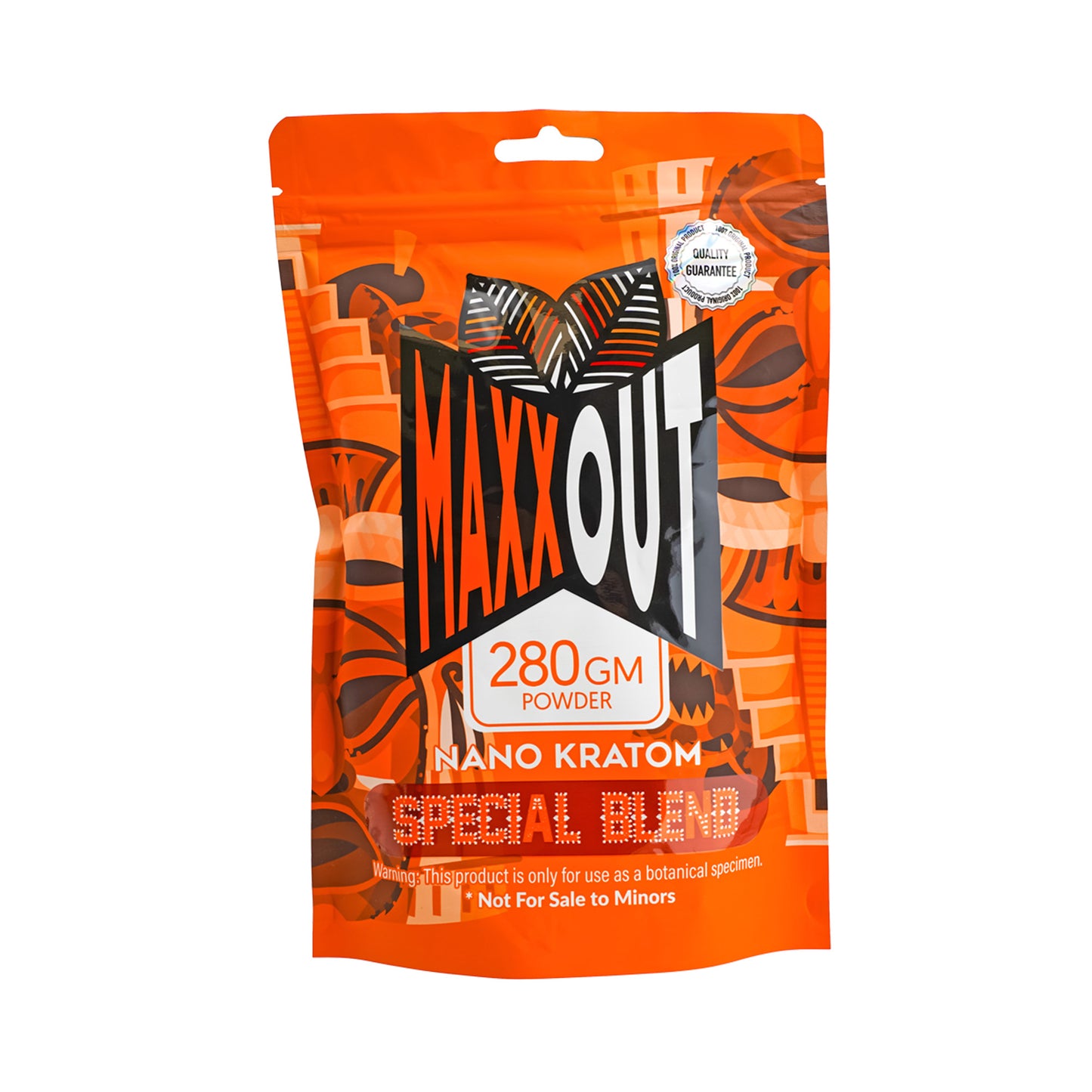 An orange 280g pouch of Special Blend MaxxOut Kratom powder