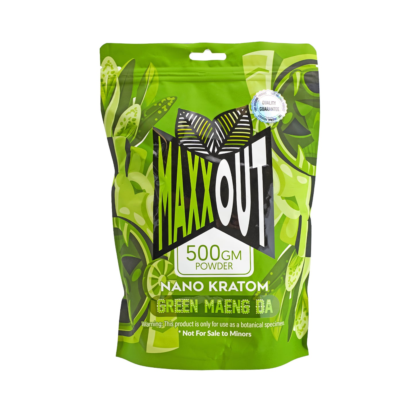 A green 500g pouch of Green Maeng Da MaxxOut Kratom powder