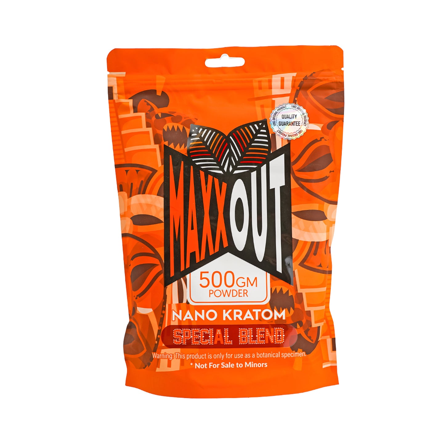 An orange 00g pouch of Special Blend MaxxOut Kratom powder