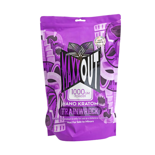 A purple 1000g pouch of Trainwreck MaxxOut Kratom powder