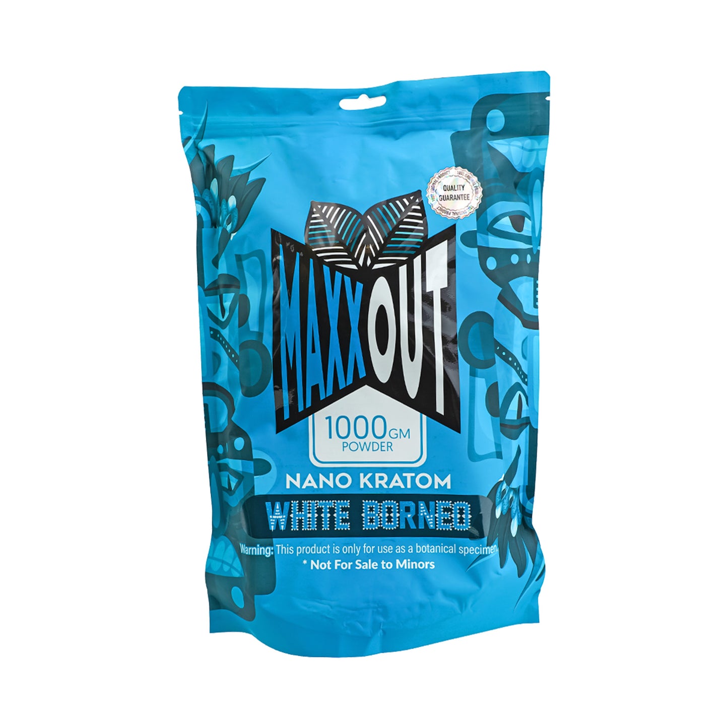 A blue 1000g pouch of White Borneo MaxxOut Kratom powder