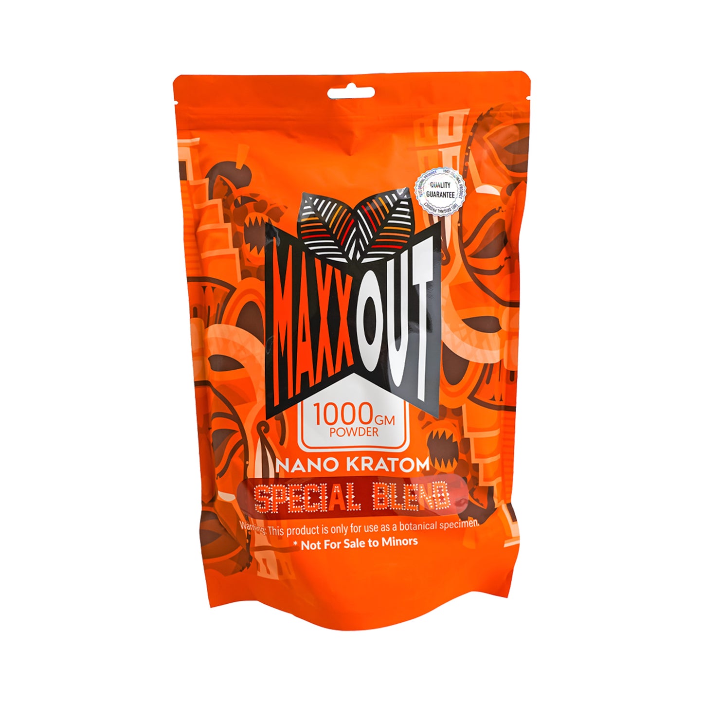 An orange 1000g pouch of Special Blend MaxxOut Kratom powder