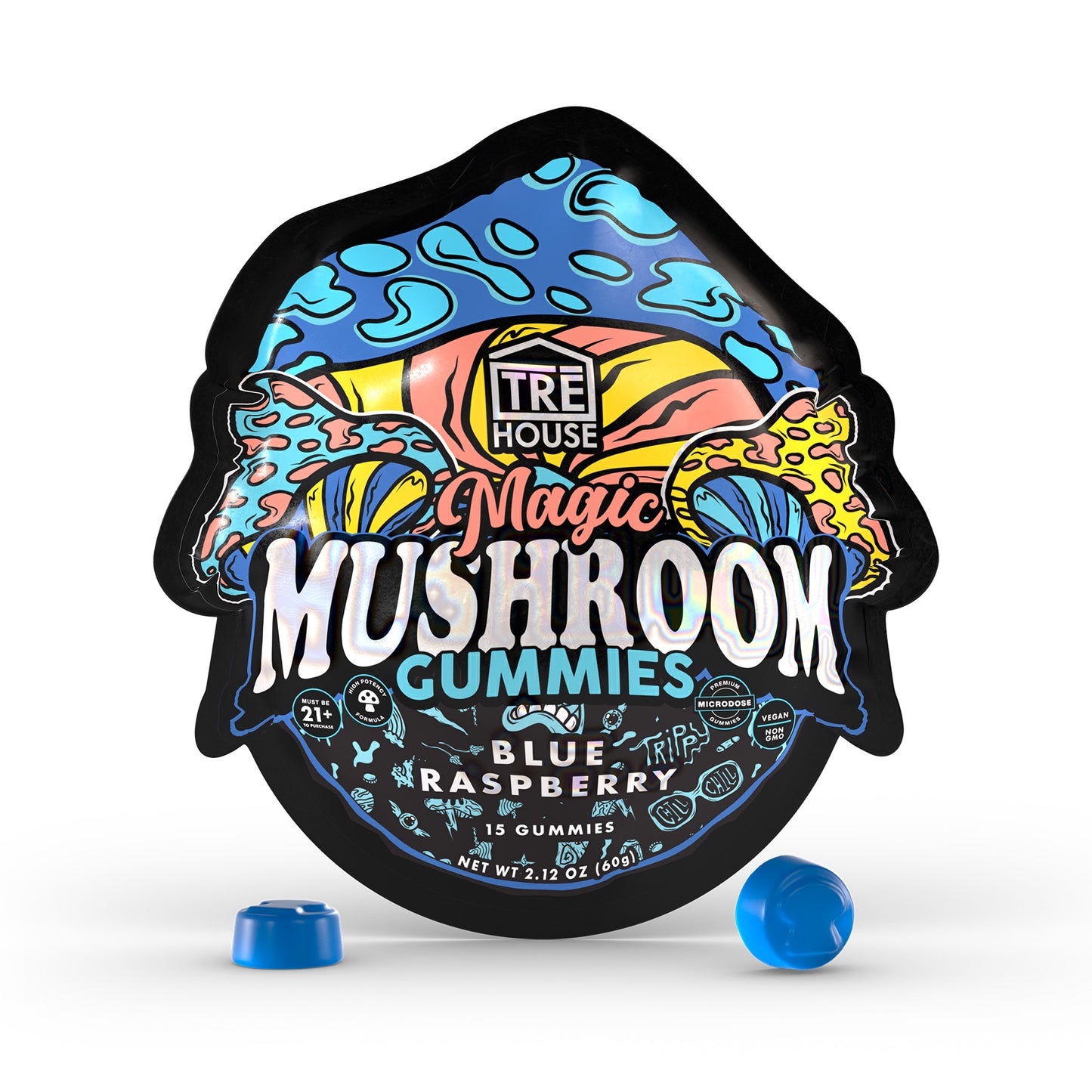 A pouch of blue raspberry Tre House Magic Mushroom Gummies with 2 blue gummies in front