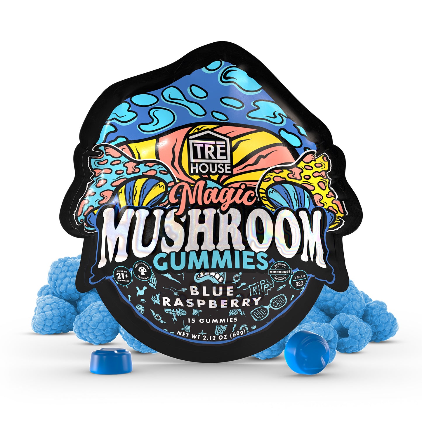 A pouch of blue raspberry Tre House Magic Mushroom Gummies is surrounded by blue gummies and raspberries