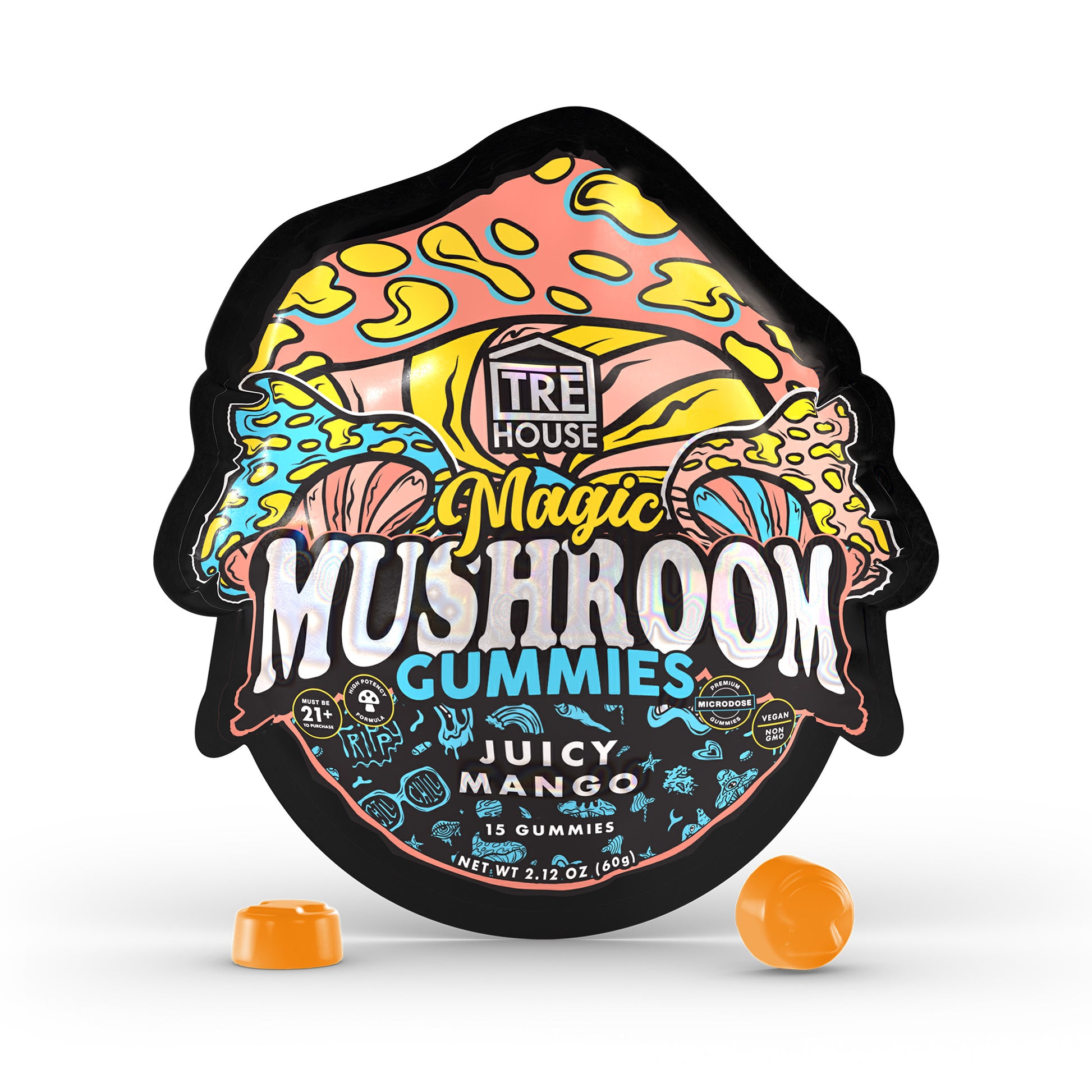 A pouch of juicy mango Tre House Magic Mushroom Gummies with 2 orange gummies in front