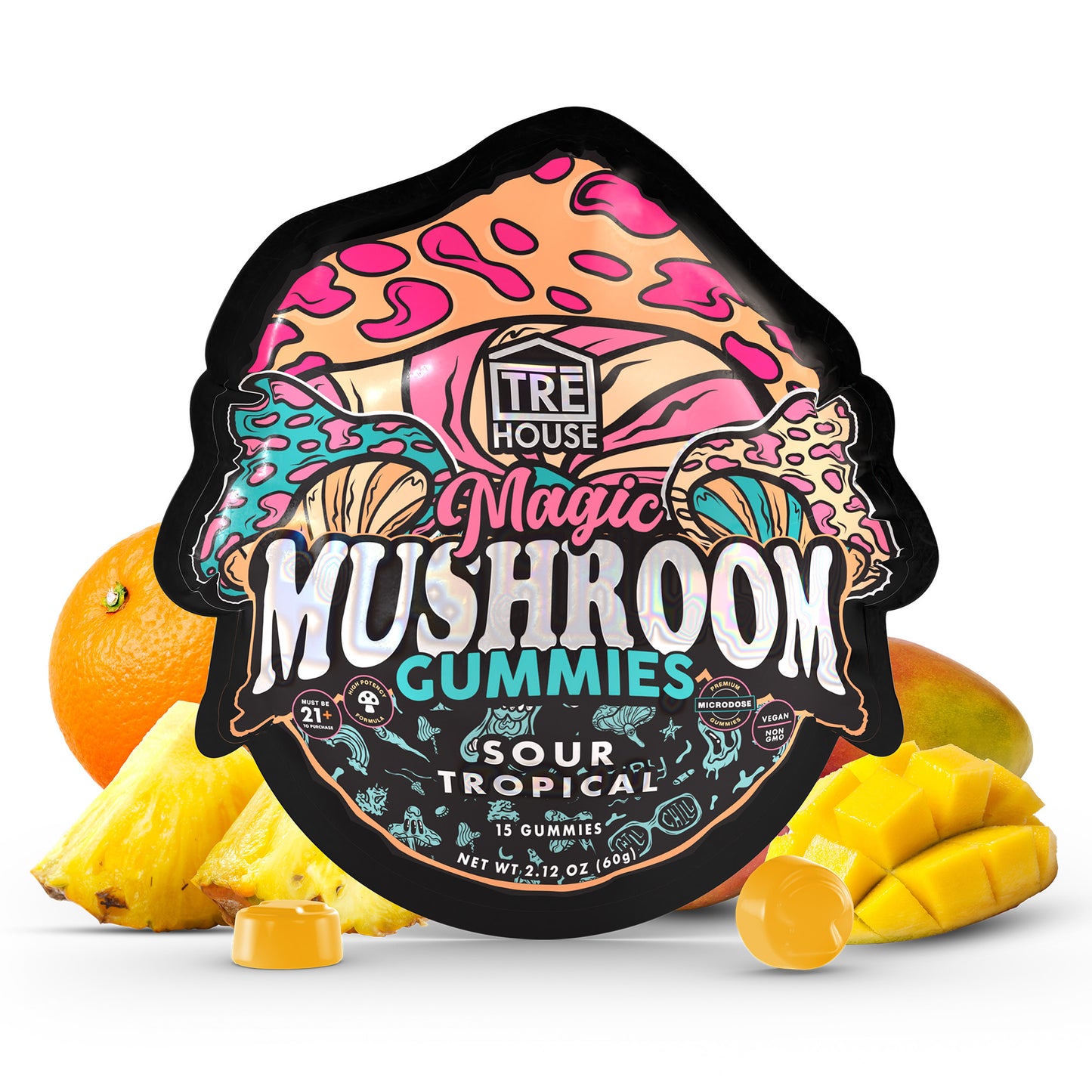 A pouch of sour tropical Tre House Magic Mushroom Gummies is surrounded by orange gummies, pineapple, orange, and mango