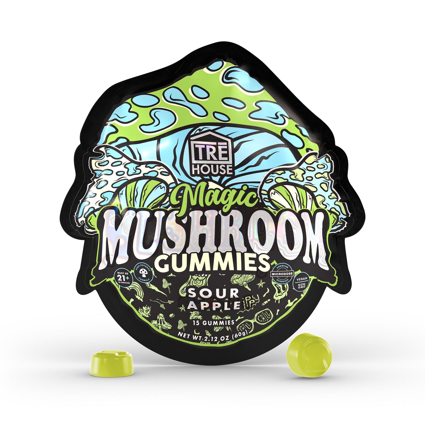 A pouch of sour apple Tre House Magic Mushroom Gummies with 2 green gummies in front