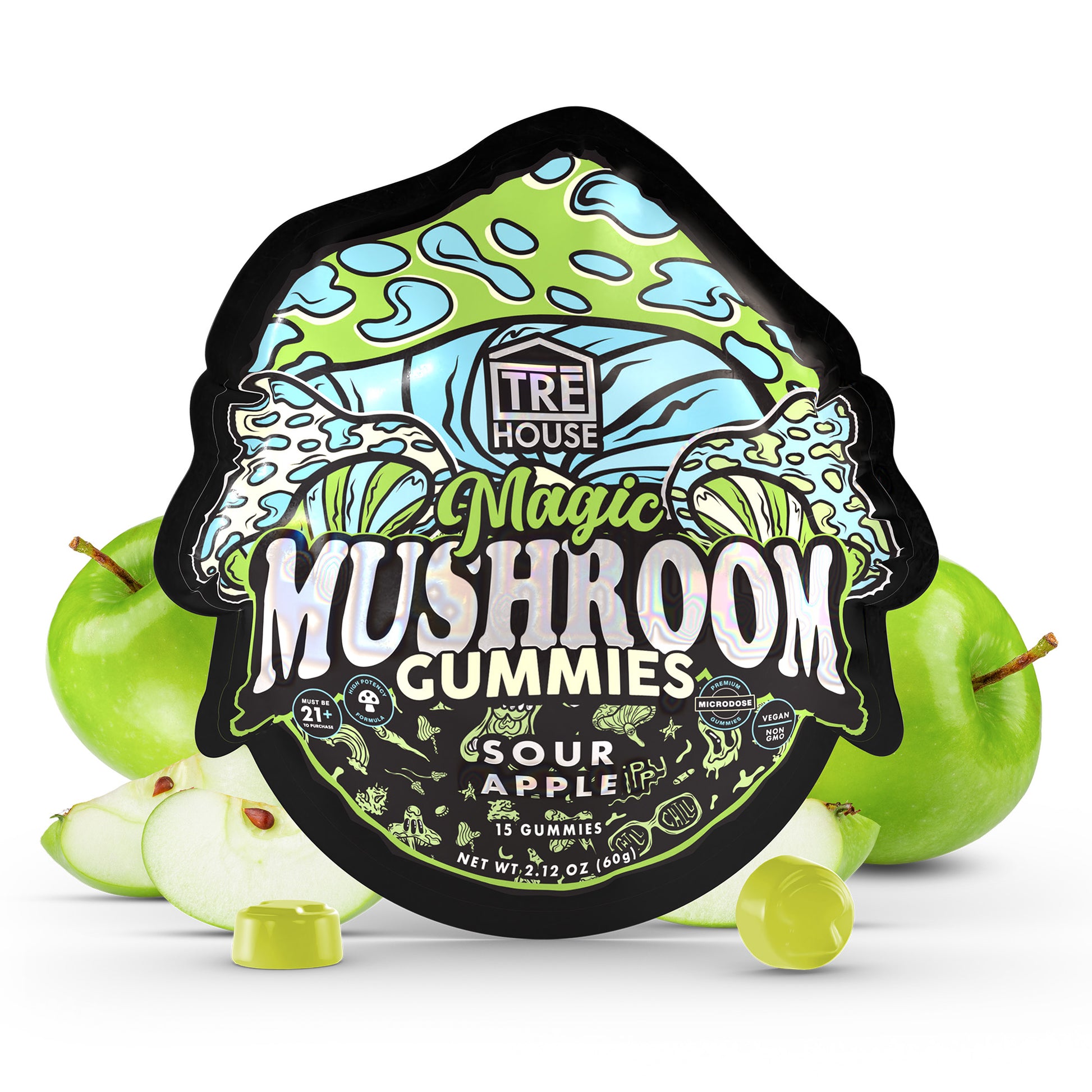 A pouch of sour apple Tre House Magic Mushroom Gummies is surrounded by green gummies and green apples