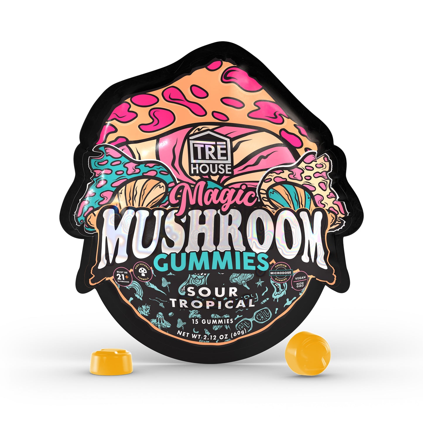 A pouch of sour tropical Tre House Magic Mushroom Gummies with two orange gummies in front