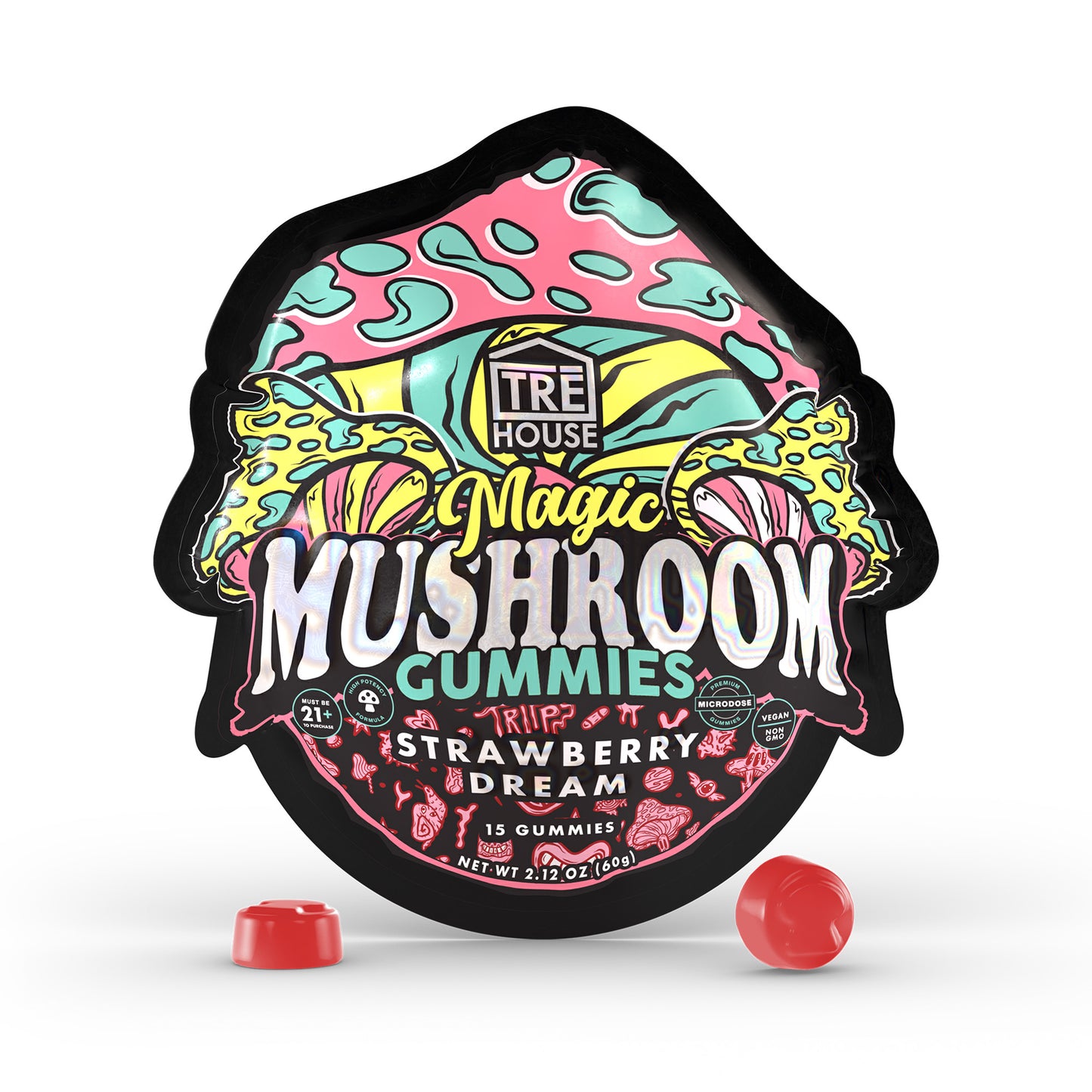 A pouch of strawberry dream Tre House Magic Mushroom Gummies with 2 pink gummies in front