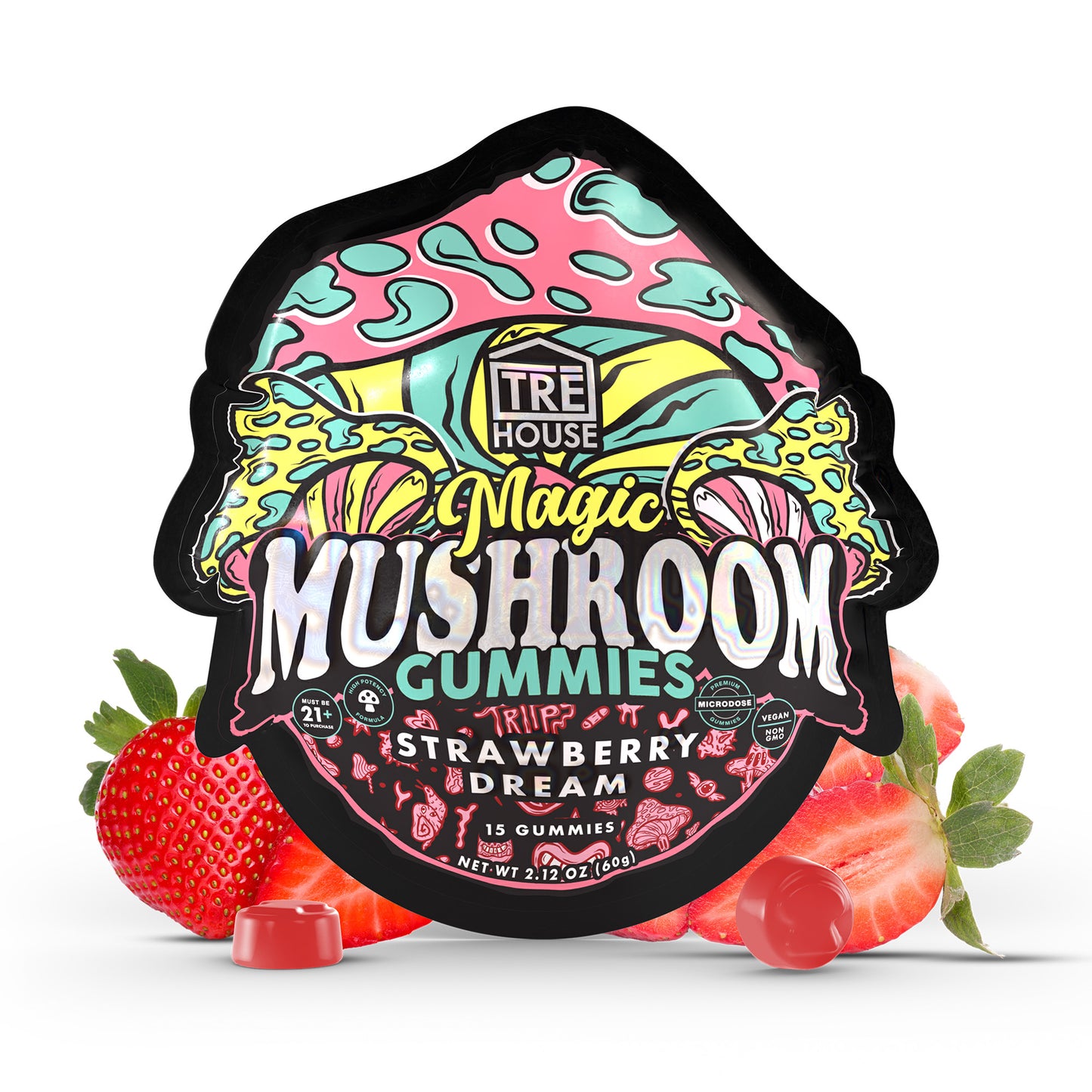 A pouch of strawberry dream Tre House Magic Mushroom Gummies surrounded by pink gummies and strawberries