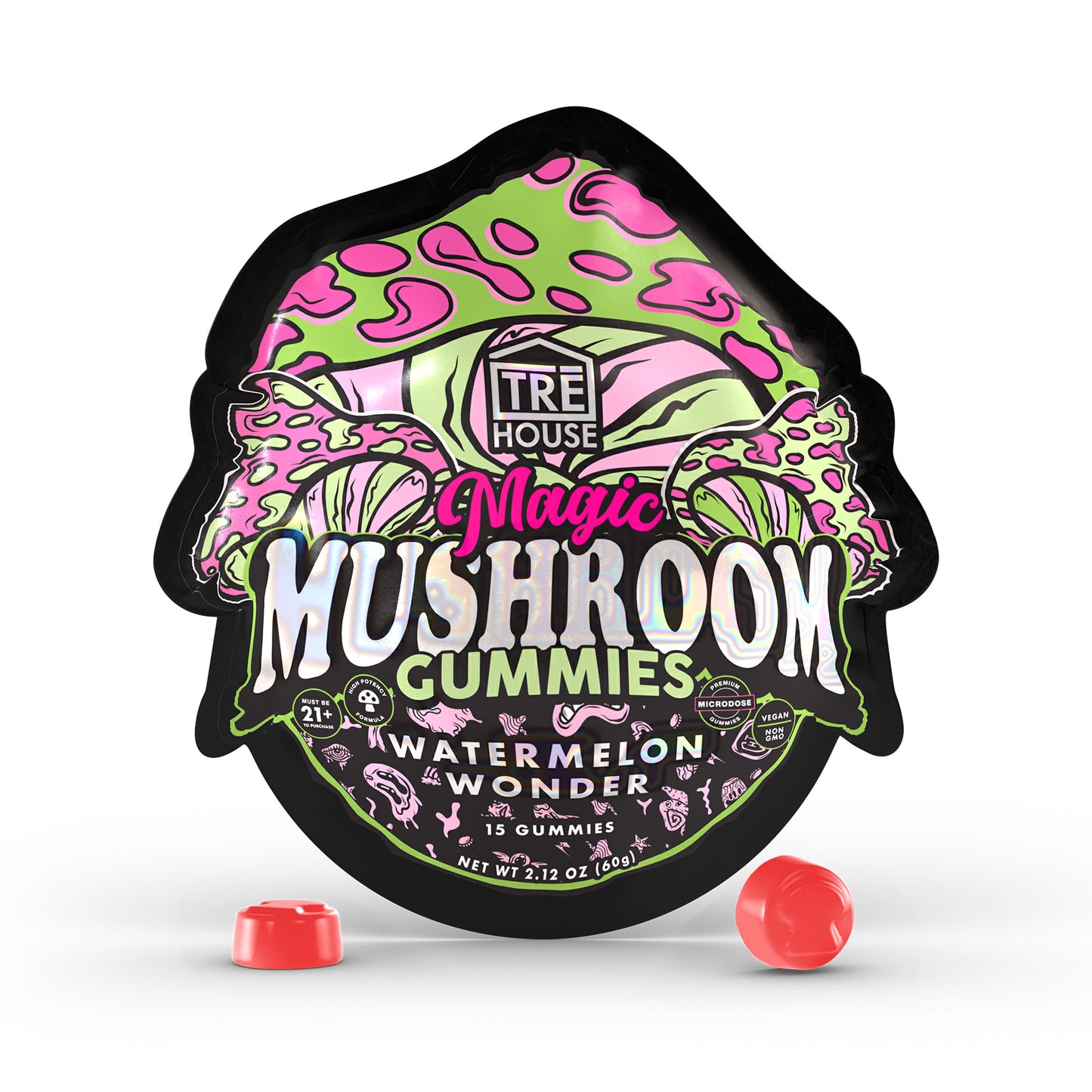 A pouch of watermelon wonder Tre House Magic Mushroom Gummies with 2 pink gummies in front