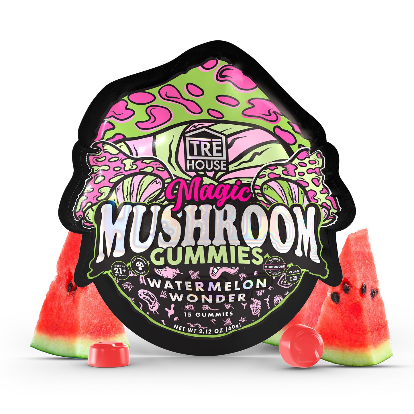 A pouch of watermelon wonder Tre House Magic Mushroom Gummies surrounded by pink gummies and watermelon slices