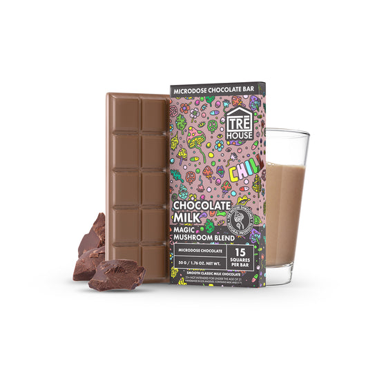 The Chocolate Milk flavor Tre House Magic Mushroom Chocolate Bar is standing upright next to the packaging, chocolate pieces and a glass of chocolate milk.