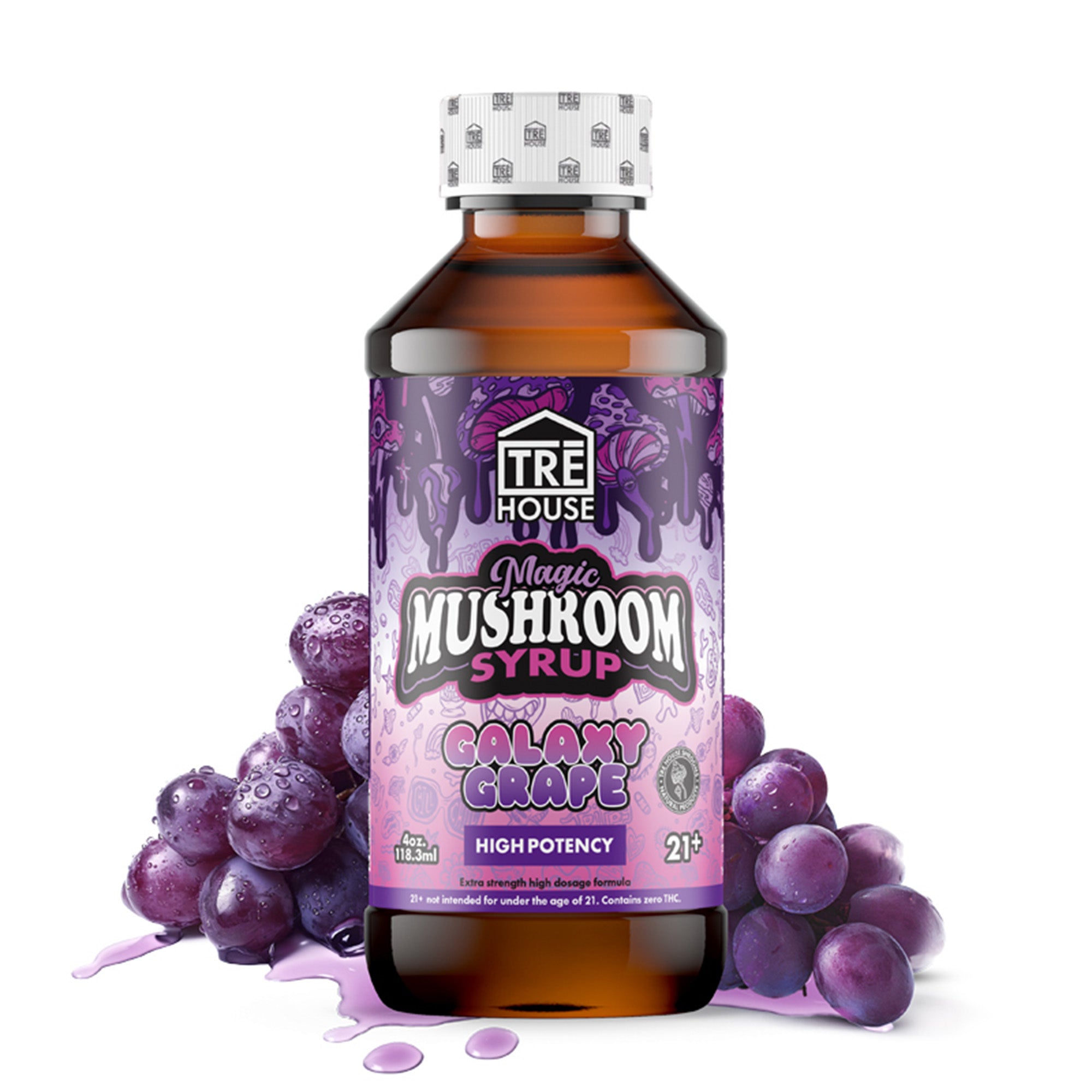 A bottle of Tre House galaxy grape mushroom syrup with grapes behind it