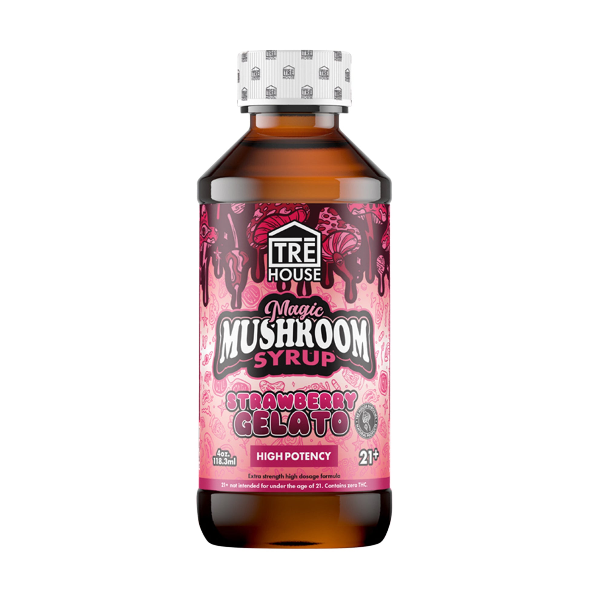 A bottle of Tre House strawberry gelato mushroom syrup