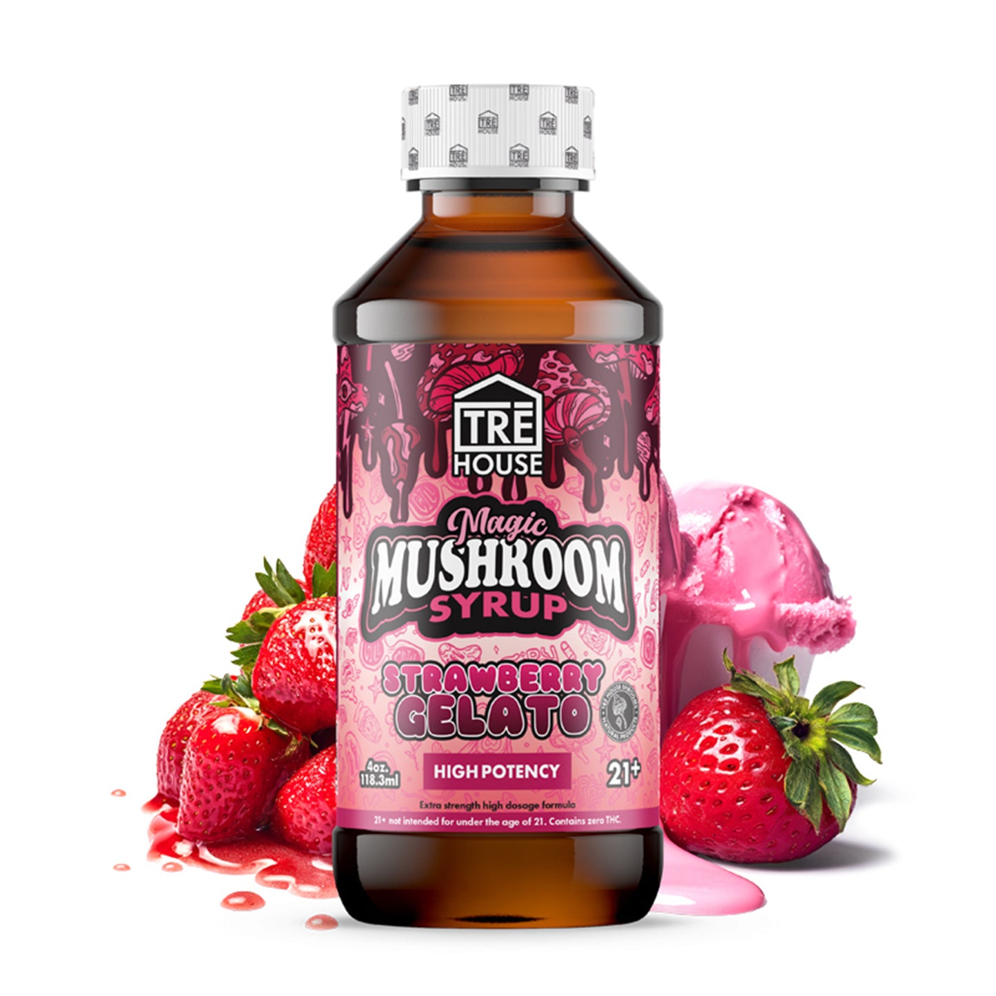 A bottle of Tre House strawberry gelato mushroom syrup with strawberries and ice cream behind it