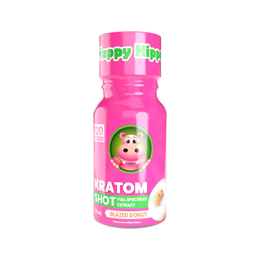 A Glazed Donut 120mg Happy Hippo Kratom Extract shot in a pink bottle