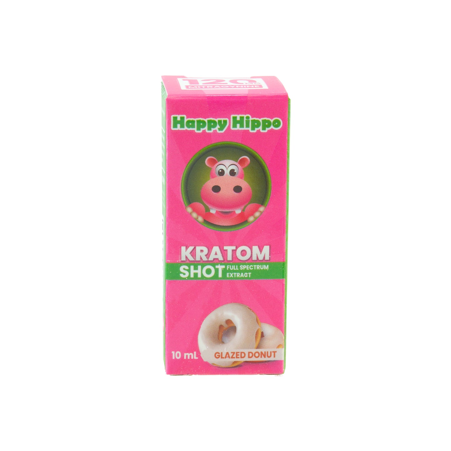 A pink box for a glazed donut  120mg Happy Hippo Kratom Extract shot