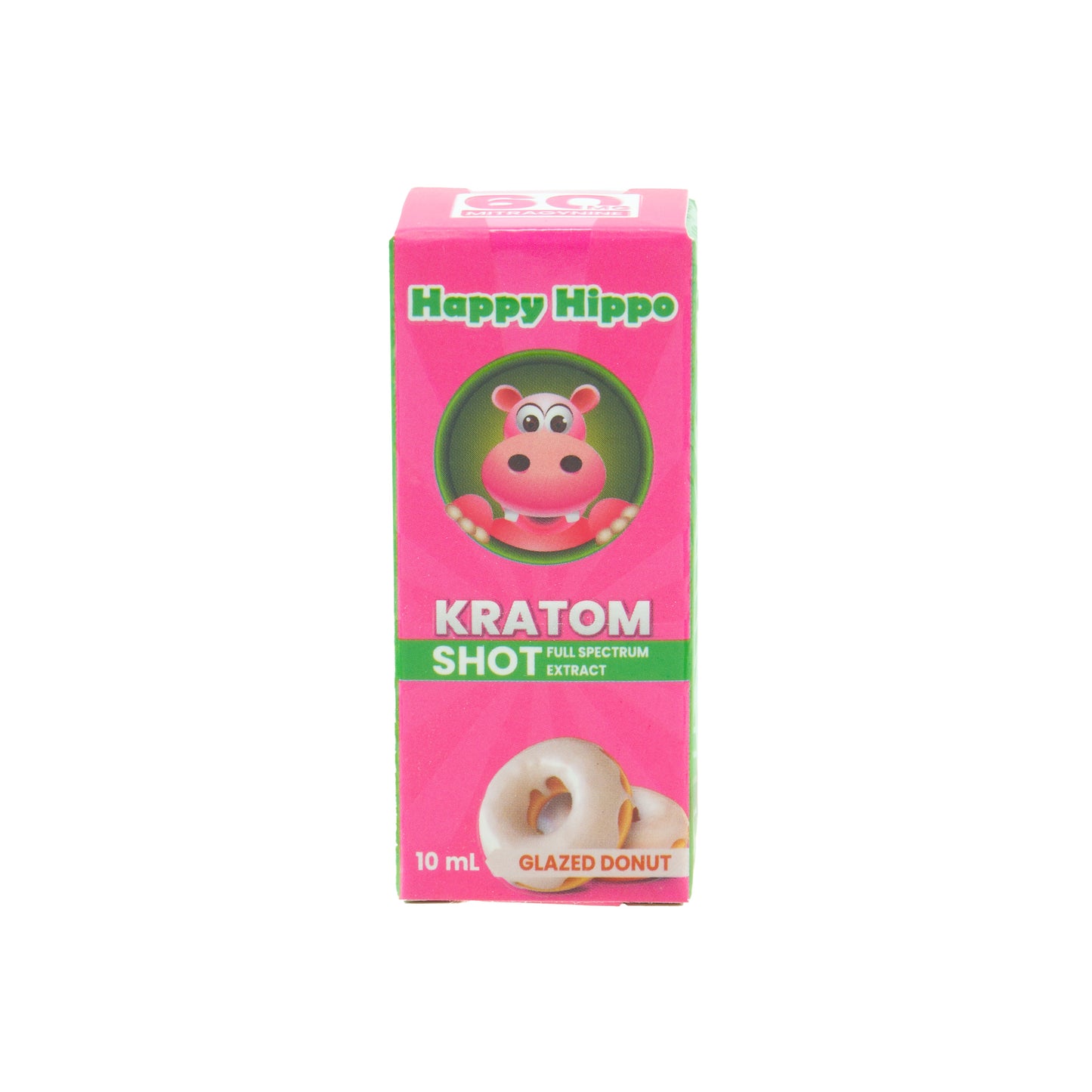 A pink box for a glazed donut 60mg Happy Hippo Kratom Extract shot