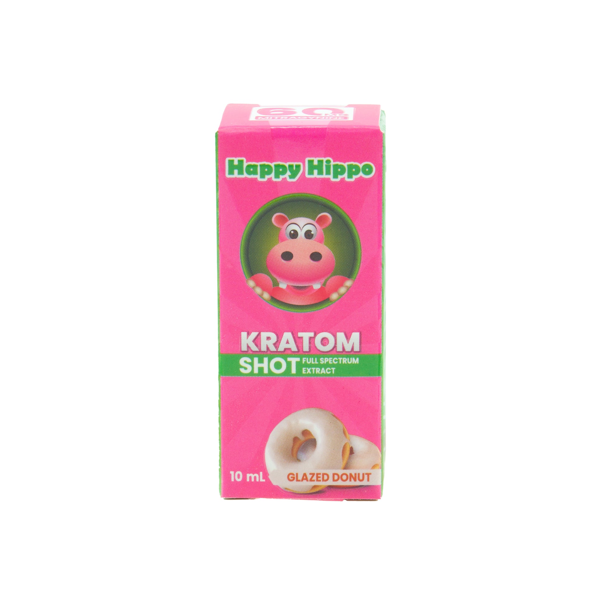 A pink box for a glazed donut 60mg Happy Hippo Kratom Extract shot