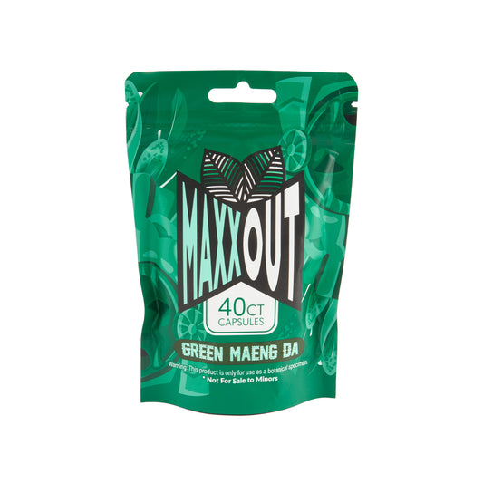 A green 40ct pouch of Green Maeng Da MaxxOut Kratom capsules 