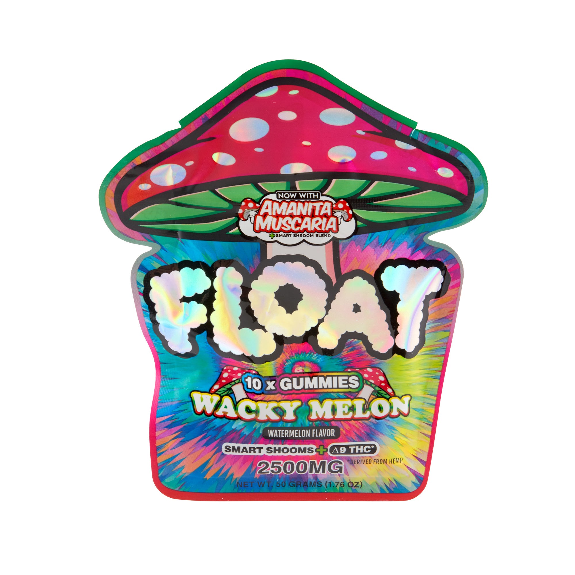 A tie dye pouch of Wacky Melon Float Microdose 2500mg Mushroom Gummies