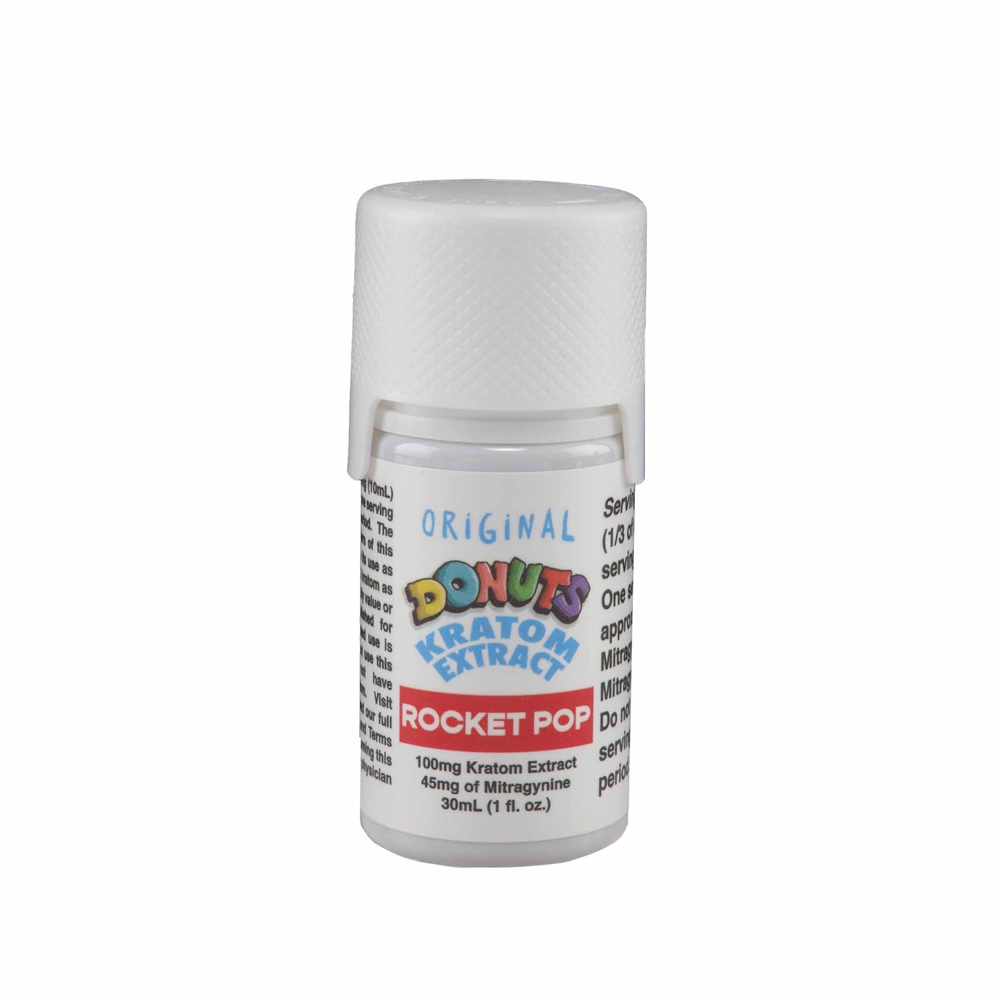 A single bottle of a Donuts Kratom Extract 100mg Shot in rocket pop flavor