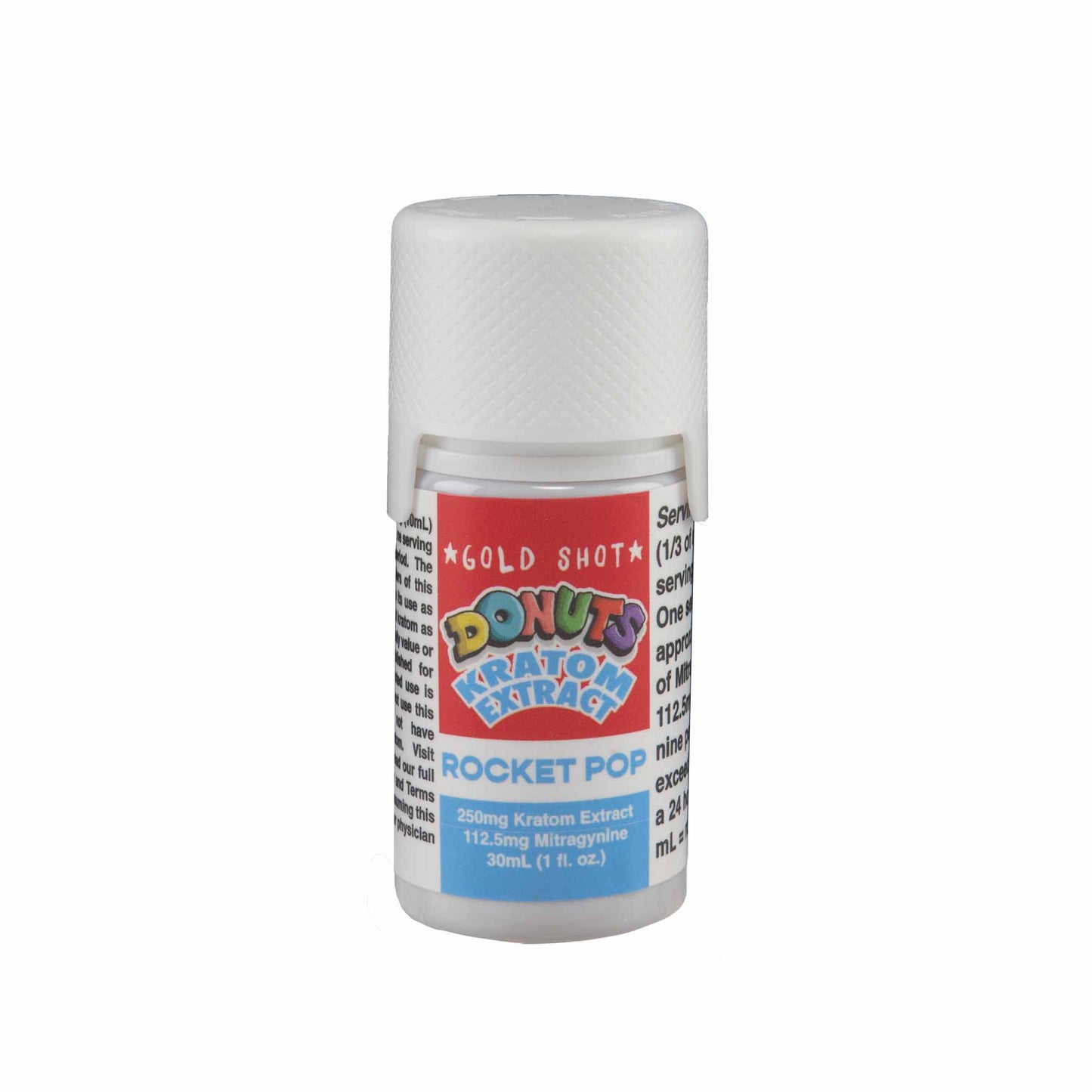 A single bottle of a Donuts Kratom Extract 250mg Gold Shot in rocket pop flavor with a white lid