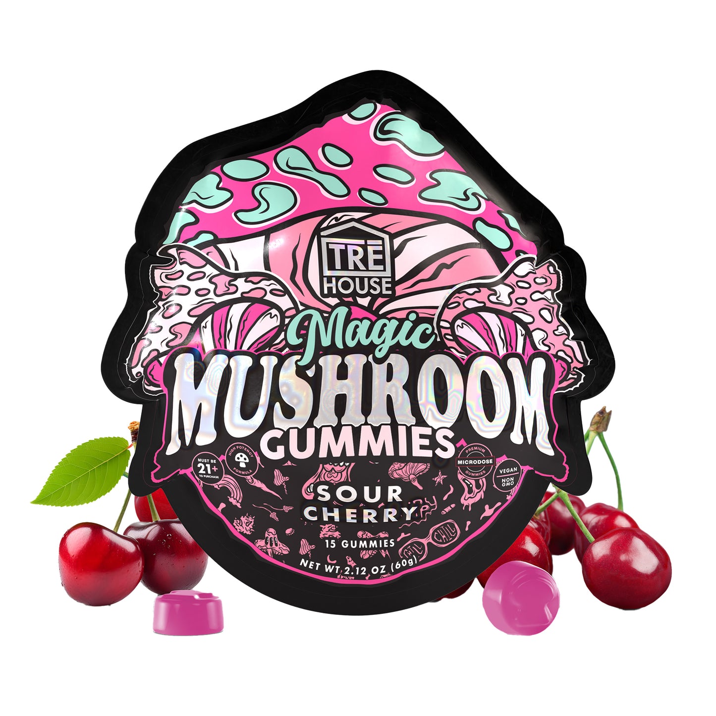 A pouch of sour cherry Tre House Magic Mushroom Gummies surrounded by pink gummies and cherries