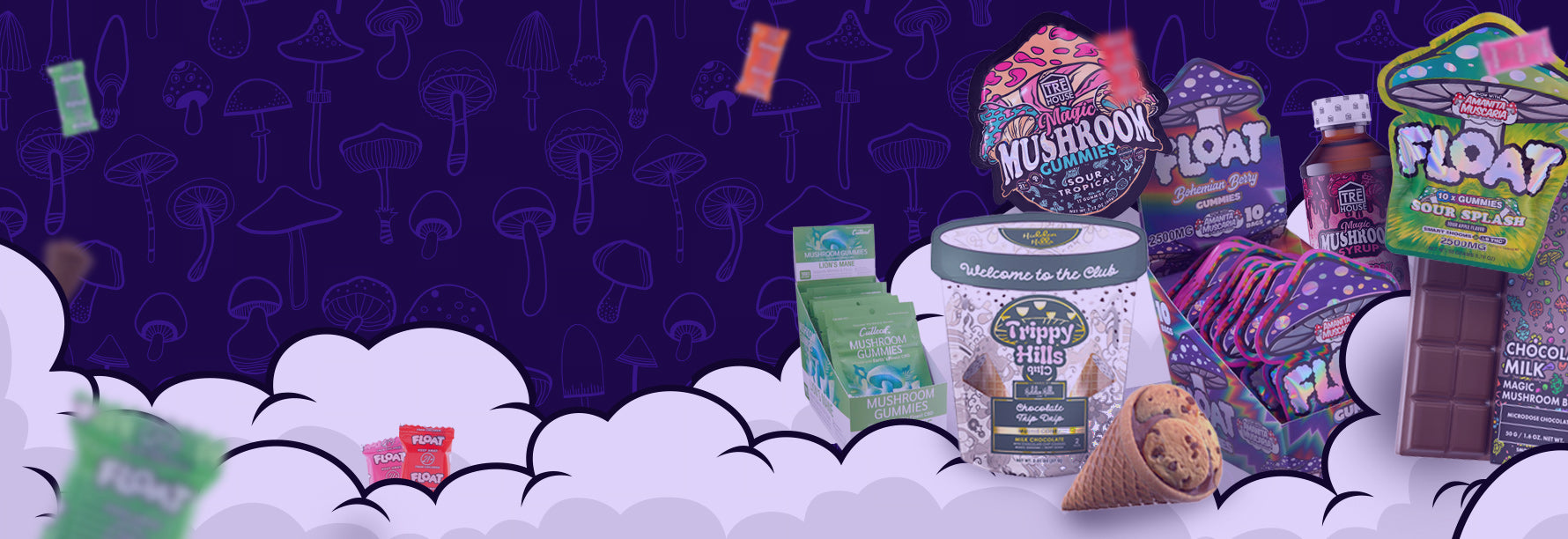 Village Corner Store Launch Banner featuring Tre House Magic Mushroom gummies, Trippy Hills Club Mushroom Edibles, Mushroom chocolate bars, Float Mushroom Gummies and Float Mushroom hard candies as well as CutLeaf Mushroom gummies and Tre House Mushroom Syrup. All items are floating on white cartoon clouds over a dark purple mushroom background.